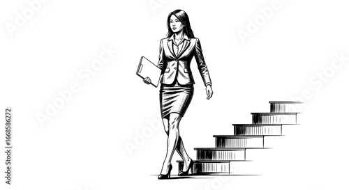 Illustration of a Businesswoman Ascending Stairs with Confident Posture