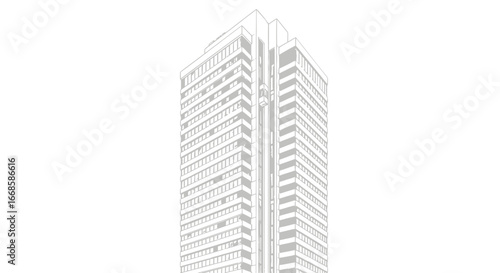 Minimalist depiction of a modern high-rise office tower perspective view