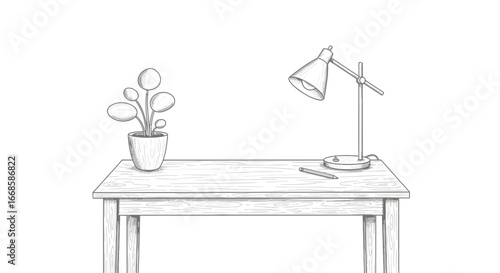 Minimalist workspace sketch illustration with plant and lamp on wooden desk