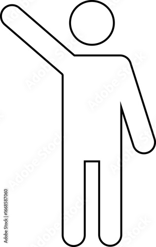 Black outline pictogram, with no fill, of a man standing still waving with one arm raised