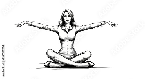 Monochrome illustration of a woman in lotus position with open arms
