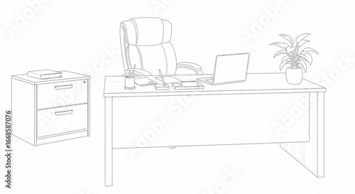 Monochrome office scene featuring desk, chair, laptop and filing cabinet