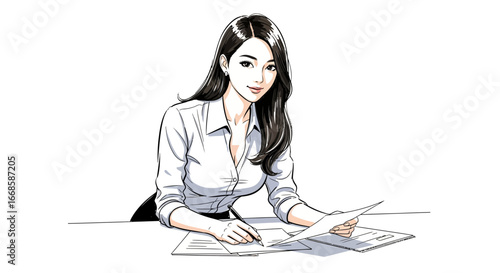 Professional woman reviewing documents illustration with a touch of elegance