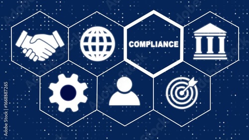 A Business Compliance concept. Hi tech motion graphic background, white flickering dots on dark background. 4K video motion graphic