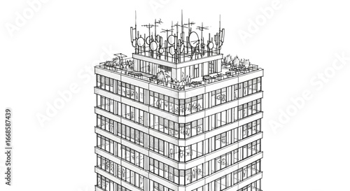 Sketch of modern office building with rooftop antenna and garden feature