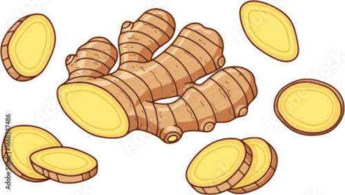 Fresh ginger root and sliced pieces, colorful hand drawn vector illustration
