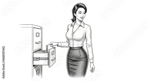 Stylish office worker extracting documents from a filing cabinet design
