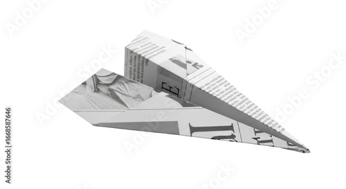 A folded paper airplane crafted from newspaper pages, poised for flight against a stark white background, symbolizing creativity and imagination.