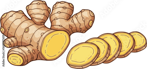 Fresh ginger root and sliced pieces, colorful hand drawn vector illustration
