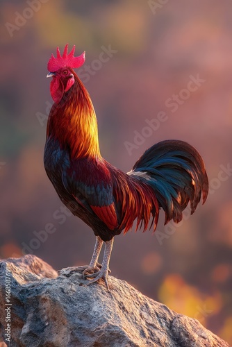 Rooster atop rock, vibrant colors