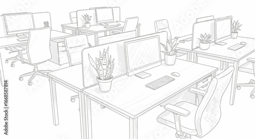 Stylized office layout sketch with workstations, computers and plants