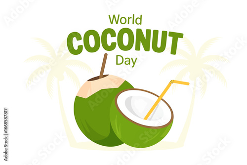 World coconut day celebration with fresh green coconuts, one halved and served as a drink with a straw, against a backdrop of palm trees