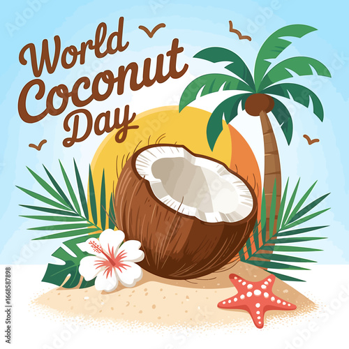 World coconut day celebration with a tropical beach scene featuring a halved coconut, palm tree, hibiscus flower, and starfish on the sand