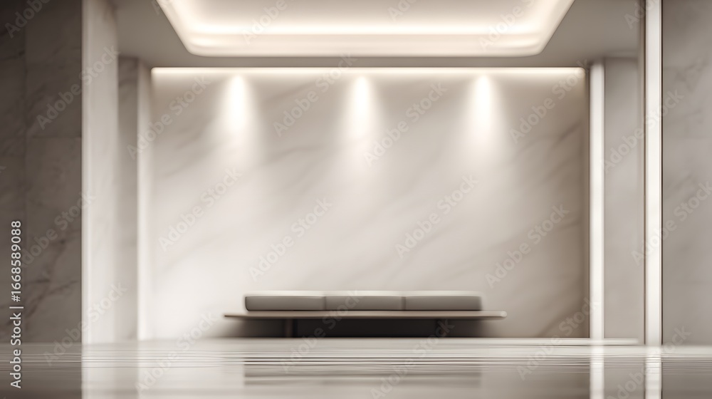 Fototapeta premium blurred image of a minimalist monochrome lounge softly glowing with diffused ceiling light, white marble and deep charcoal palette