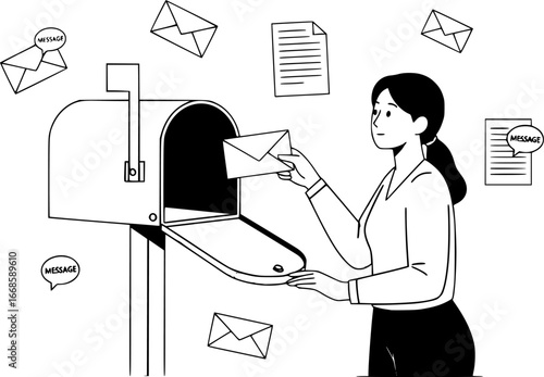 Woman getting letter and checking post box. Sending mail and post correspondence delivery. Getting messages and information concept. Flat vector illustration