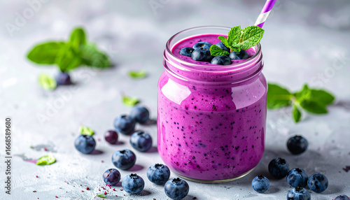 Blueberry smoothie in clear jar with tiny mint leaf garnish. Vibrant purple color, fresh summer vibe