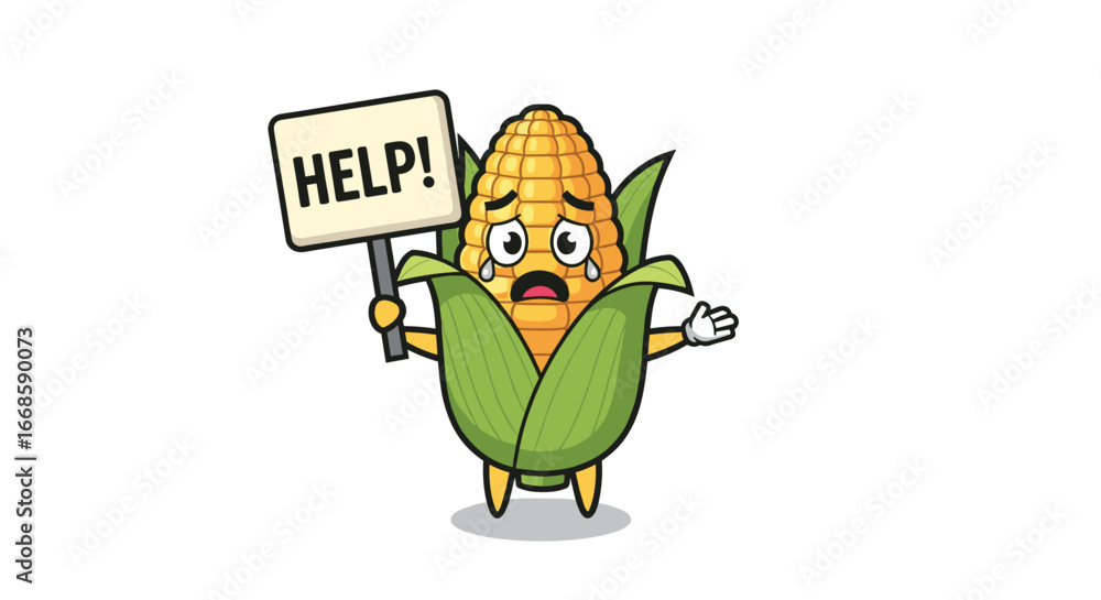 Fototapeta premium A crying corn cob character holding a help sign looking for assistance