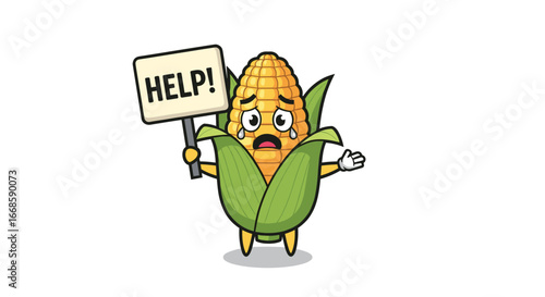 A crying corn cob character holding a help sign looking for assistance