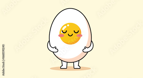 A happy boiled egg character with closed eyes and blushing cheeks