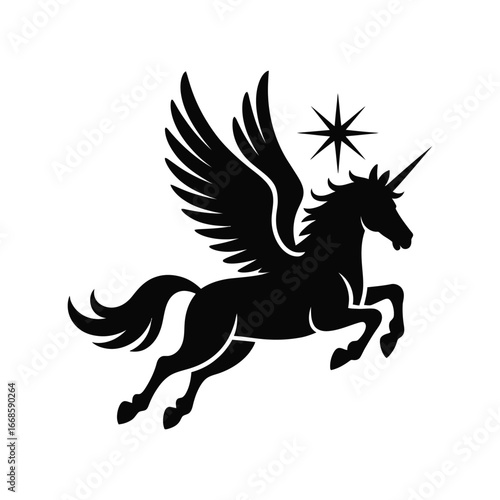 Winged Unicorn Vector Silhouette Illustration with Star in Black and White Style
