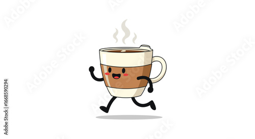 Energetic hot coffee cup character running with steam rising from the top