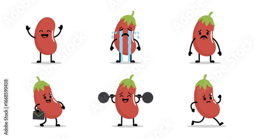 Expressive anthropomorphic kidney bean characters showcasing diverse emotions and activities for educational or promotional purposes