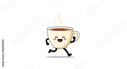 A cheerful coffee cup character running with enthusiasm and steam rising