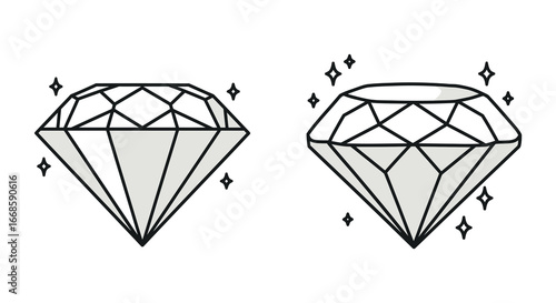Two black and white diamond illustrations with sparkles around them