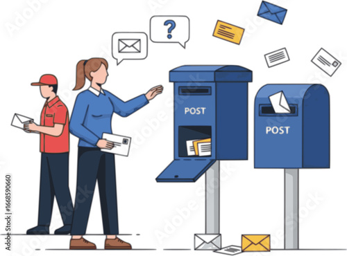 Woman getting letter and checking post box. Sending mail and post correspondence delivery. Getting messages and information concept. Flat vector illustration