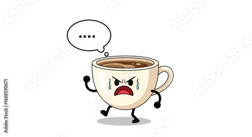An angry crying coffee cup character walking with a thought bubble showing dots