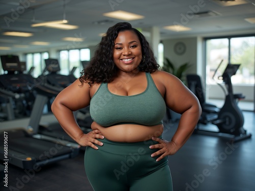 Smiling Confident Black Curvy Woman Posing in a Modern Gym