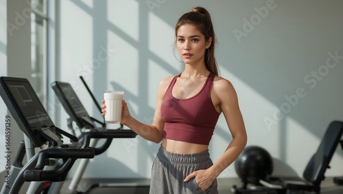 Fit Woman Hydrating in Modern Gym After Workout for Health and Wellness