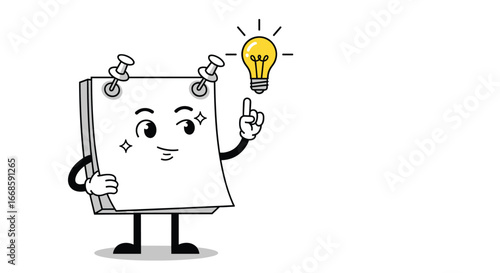 A character inspired by a sheet of paper with a brilliant idea bulb shining brightly