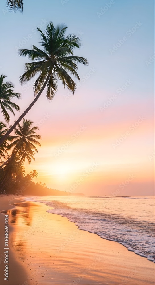 Fototapeta premium A dreamy tropical beach glowing at sunrise with palm silhouettes and calm ocean waves.