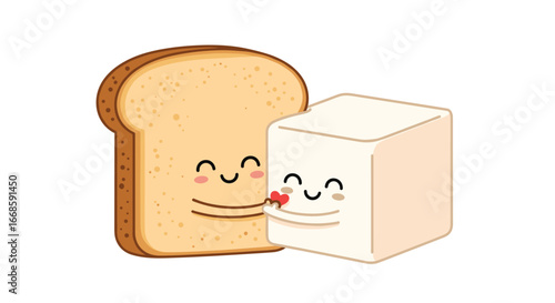 Adorable toast character offering a heart to a delightful butter cube