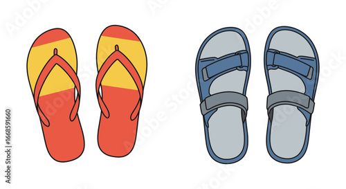 A pair of sandals and a pair of flip flops side by side