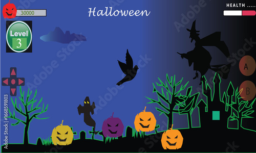 Halloween Game Illustration: Spooky night with vibrant illustrations of a video game with classic Halloween symbols, and eerie atmosphere. The scene invites players into a world of fright and fun.