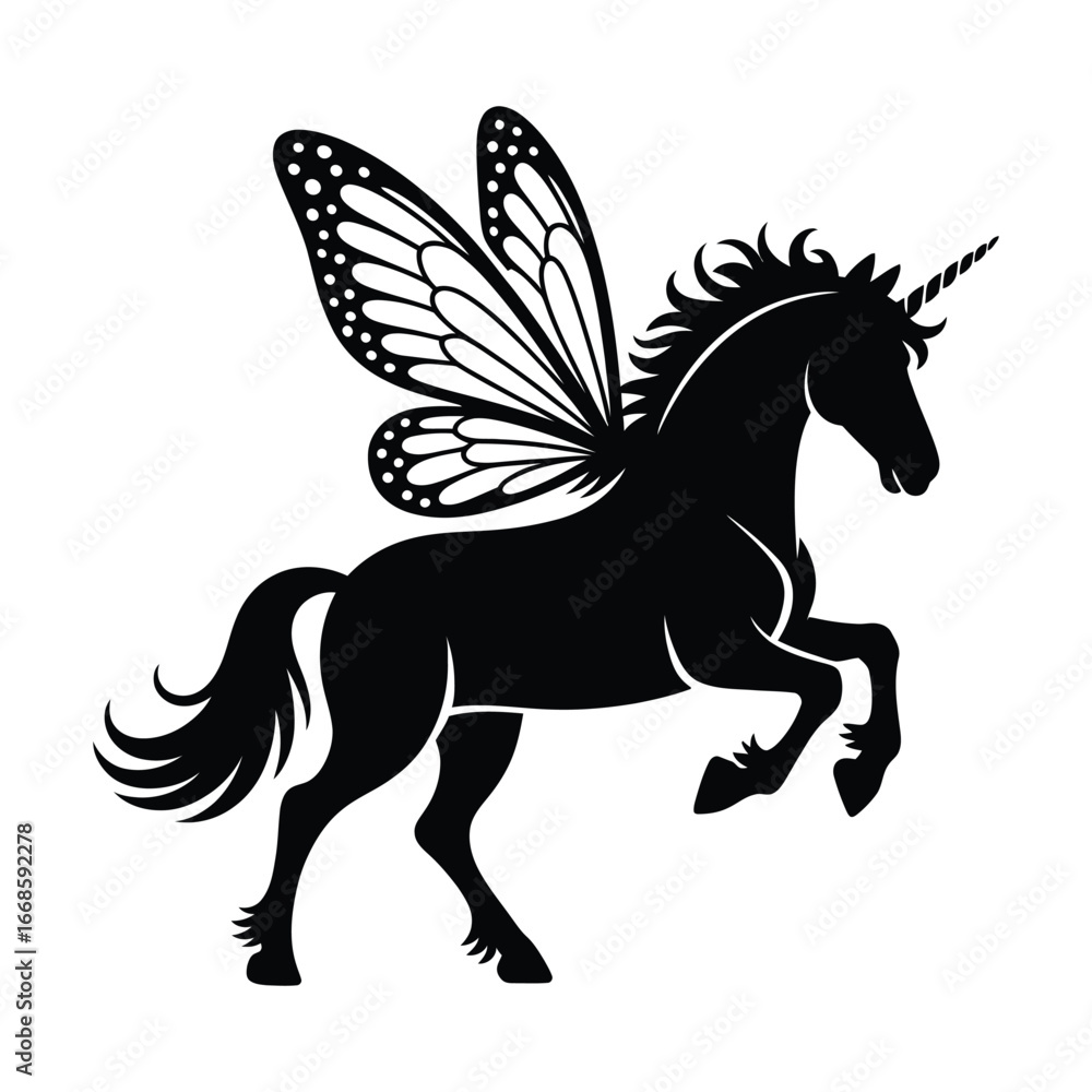 Obraz premium Winged Unicorn Vector Silhouette Illustration with Butterfly Wings on White Background Art
