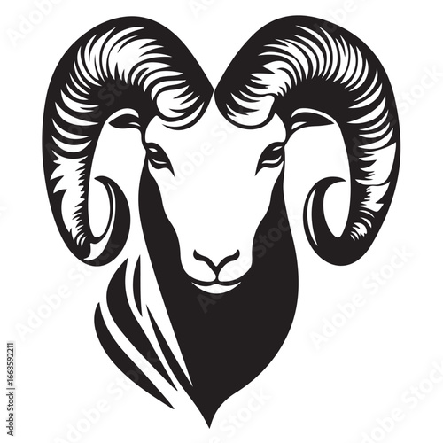 Ornate ram head silhouette, black and white.