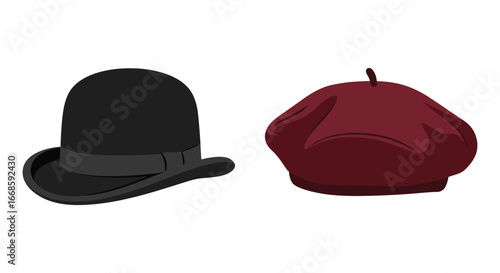 A black bowler hat and a red apple on a white background