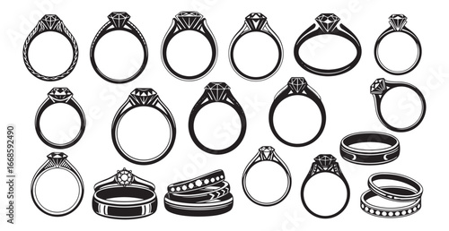 Collection of hand drawn oval engagement rings and wedding bands with blank gemstone settings isolated on transparent background