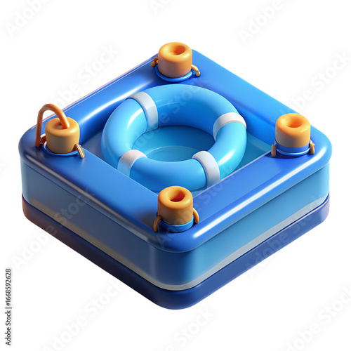 Vibrant blue 3D rendered square inflatable pool with lifebuoy and corner drink holders.