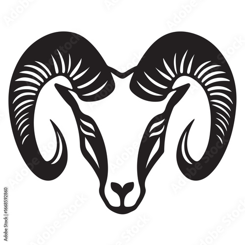 Ornate ram head silhouette, black and white.