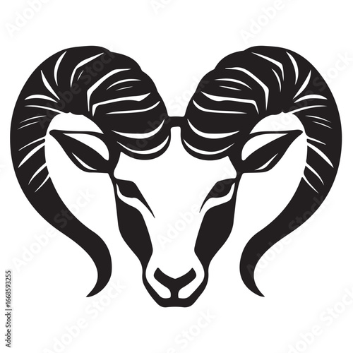 Ornate ram head silhouette, black and white.