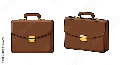 Brown leather briefcases with gold hardware on white background