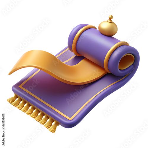 Whimsical Purple and Gold Magic Carpet 3D Render with Tassels and Finial.