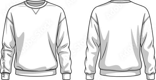 Crew neck sweatshirt flat sketch vector template showing front and back view with cuffed sleeves for fashion design illustration content.