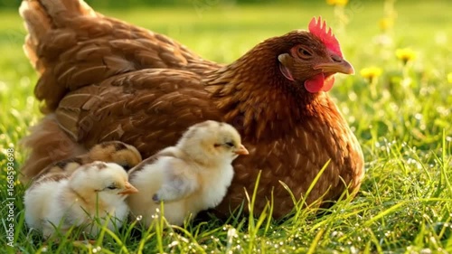 A hen rests in grass with two small fluffy chicks nestled under its wings
