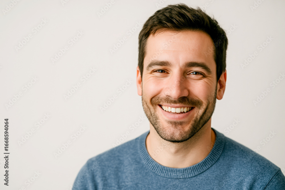 Fototapeta premium High resolution, ultra realistic studio portrait of a smiling man in a blue sweater with natural expression, casual style, isolated on a light background. Concept of happiness, lifestyle, positivity