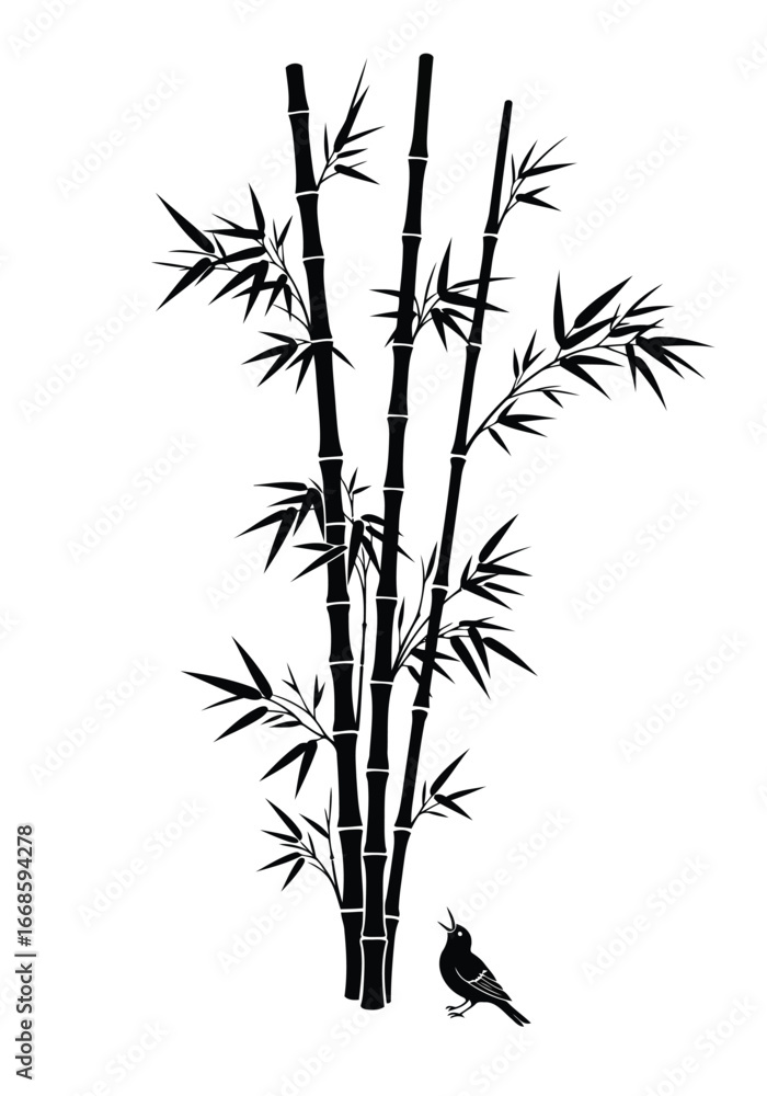 Obraz premium Vector illustration of black silhouette of bamboo stalks with a small bird